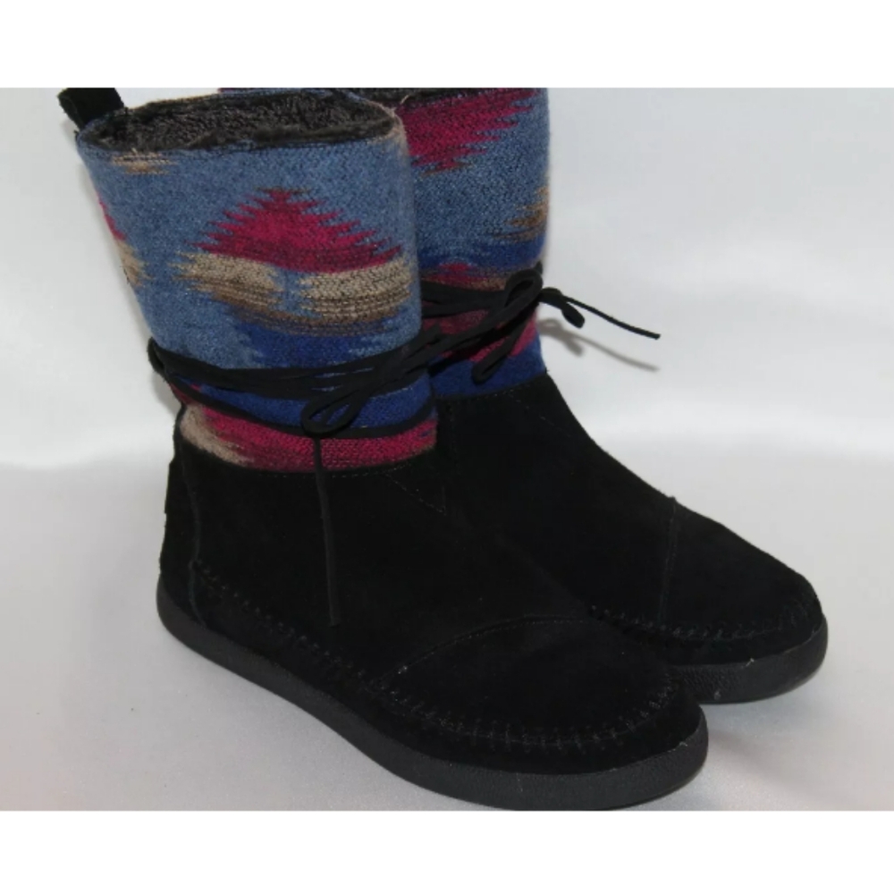 TOMS Black Multi Suede Leather Woven Textile NEPAL Boots Sz 8